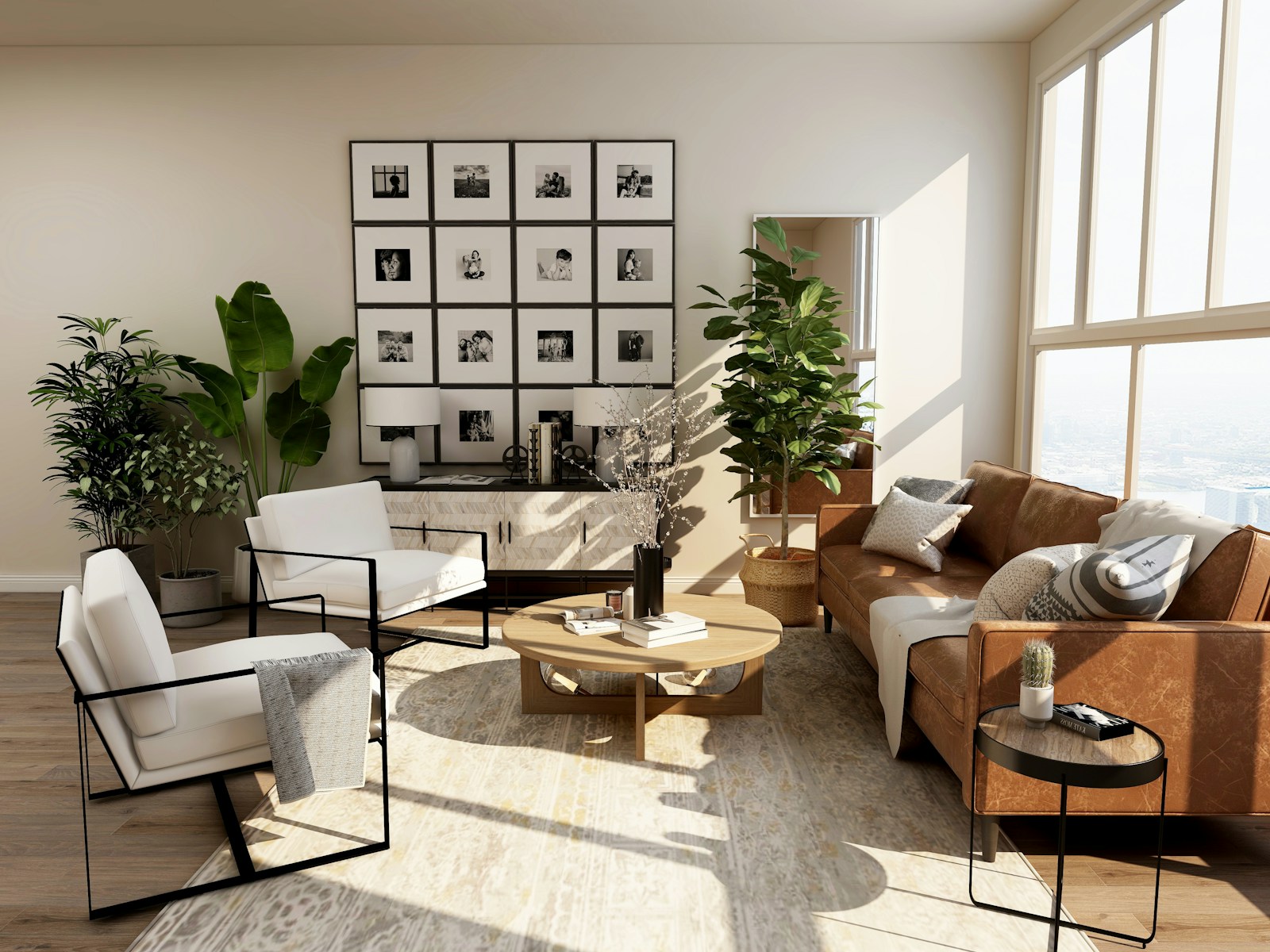 A sunlit living room with warm wood, natural textures and comfortable seating